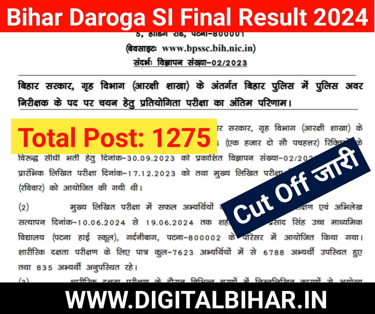 Bihar Police BPSSC Sub inspector Recruitment 2023 Final Result 2024